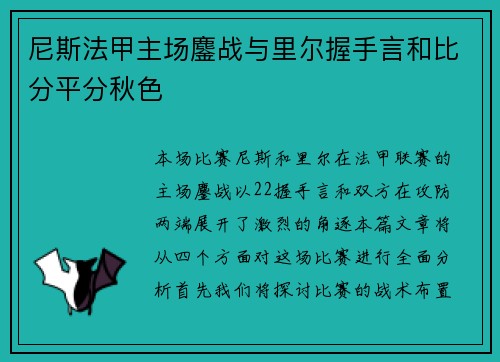 尼斯法甲主场鏖战与里尔握手言和比分平分秋色